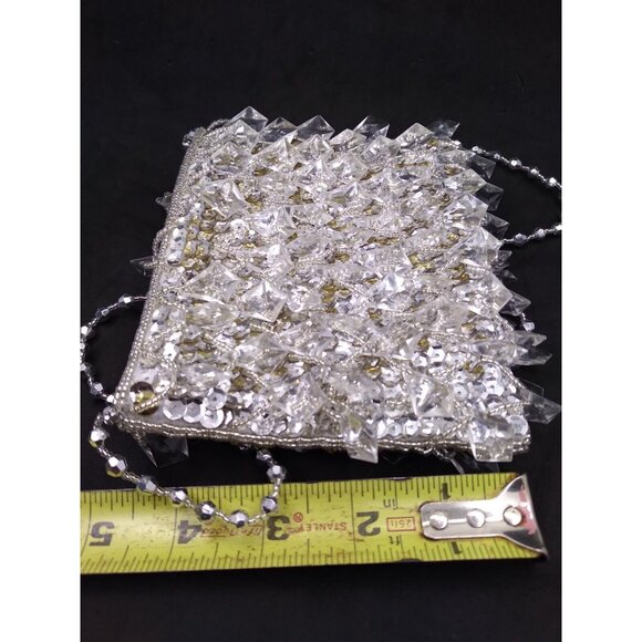 Vtg. La Regale Formal Clear Faux Crystal Bead Silver Gold sequined Hand Bag READ - Picture 4 of 10